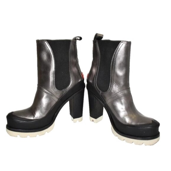 $300 HUNTER ORIGINAL HEEL CHELSEA BOOT LEATHER SILVER BLACK 6.5 UK 8.5 US (TE15) - Picture 4 of 8
